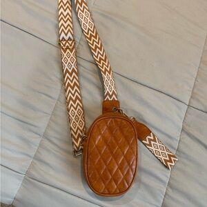 Brown Quilted Crossbody Bag with Patterned Strap
